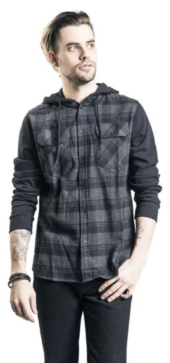 "Hooded Checked Flannel Sweat Sleeve Shirt" Flanel Shirt Black-grey By RED By EMP -Fashionable Men's Clothing Store 350423wa