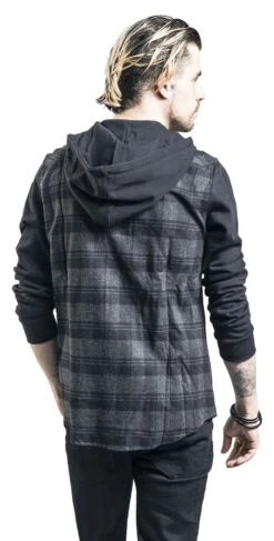 "Hooded Checked Flannel Sweat Sleeve Shirt" Flanel Shirt Black-grey By RED By EMP -Fashionable Men's Clothing Store 350423wb
