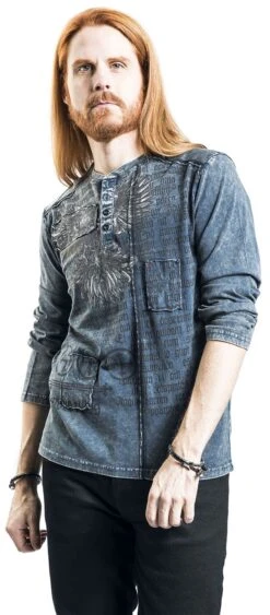 "Blue Long-Sleeve Shirt With Wash And Print" Long-sleeve Shirt Blue By Rock Rebel By EMP -Fashionable Men's Clothing Store 469287wa