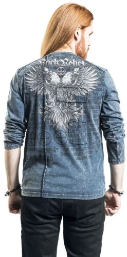 "Blue Long-Sleeve Shirt With Wash And Print" Long-sleeve Shirt Blue By Rock Rebel By EMP -Fashionable Men's Clothing Store 469287wb