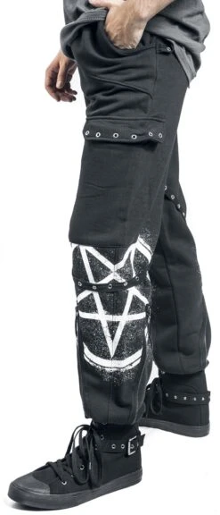 "Relaxed Black Trousers With Pockets, Straps And Prints" Cloth Trousers Black By Gothicana By EMP -Fashionable Men's Clothing Store 493681wa2