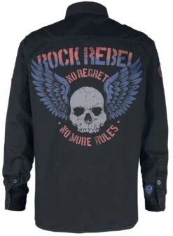 "Long-sleeved Shirt With Patches And Large Back Print" Longsleeve Black By Rock Rebel By EMP -Fashionable Men's Clothing Store 520551b
