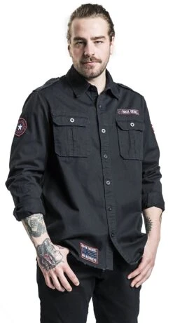 "Long-sleeved Shirt With Patches And Large Back Print" Longsleeve Black By Rock Rebel By EMP -Fashionable Men's Clothing Store 520551wa